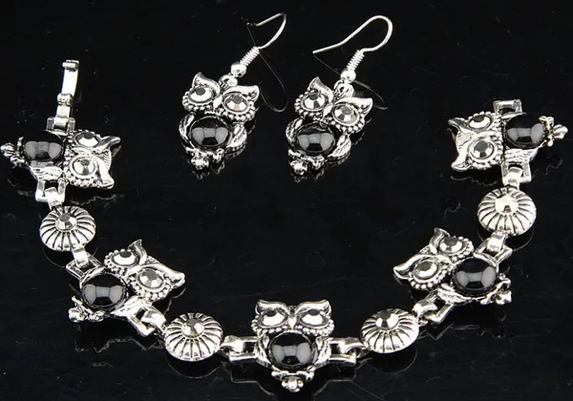 2015 New Charms Owl Natural Black Stone Antique Silver P Earrings Necklace Bracelet Vintage Womens Jewelry Set 1093