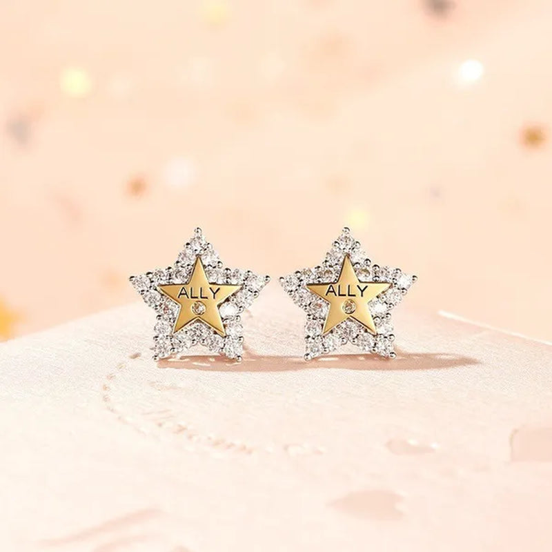 Temperament Ladies Fashion Shining Star 18K Yellow Love White Sapphire Diamond Earrings Ring