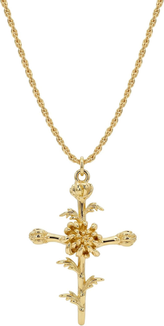 Gold Birth Flower Cross Necklace for Women 12 Month Faith Pendent 18K Gold Plated 2MM Twist Rope Chain Personalized Religious Birthday Jewelry for Her
