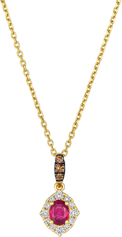 0.15 Carat Diamond and 1/4 Carat Red Ruby Oval Halo Pendant Necklace for Women in 14K Yellow Gold (White/Fancy Brown, Cttw) on 18 Inch Chain