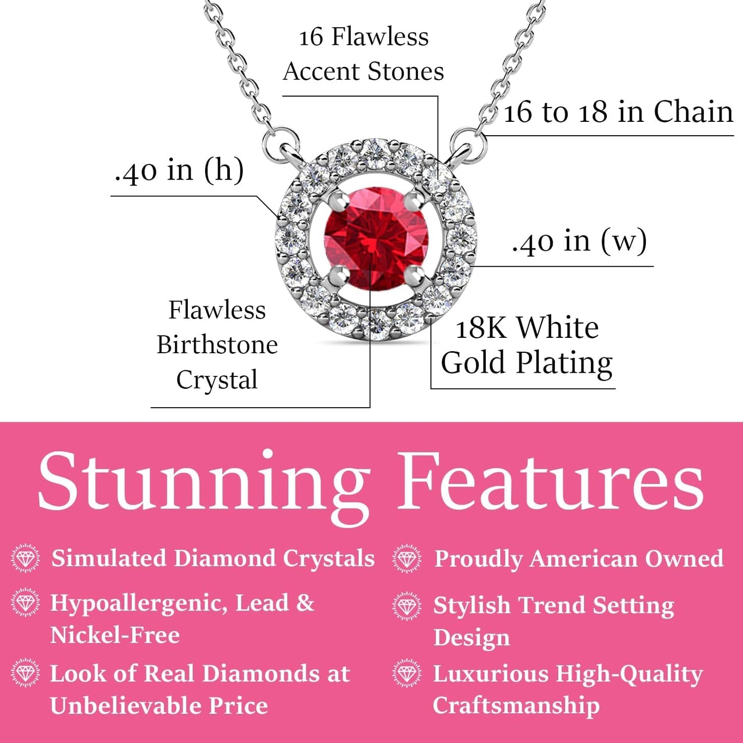 Royal 18K White Gold Plated Birthstone Necklace for Women, Silver round Cut Halo Crystal Necklace with Simluated Diamond Crystals, Jewelry for Women