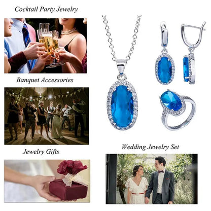 CANDICE Fashion Women Sterling Silver Plated Jewelry Sets for Girls Lovely Oval Pink CZ Stone Party Necklace Earrings Ring Set（Us 7-9)