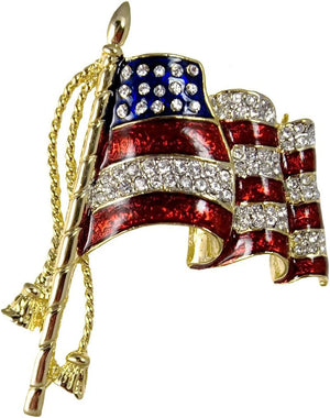 Elegant Waving American Flag Pin/Brooch, Approx. 2", Pin Back with Safety Lock. Gold-Plate with Red and Blue Enamel Background and Diamond-Like Crystals.
