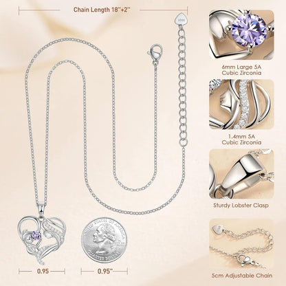 Mothers Day Gifts, Heart Pendant Necklace, Mother and Child Love Heart Pendant Necklace, 925 Sterling Silver Necklace with Birthstone, Mothers Day Valentines Anniversary Birthday Christmas Gifts for Her Women New Step Mom Women Wife Grandma