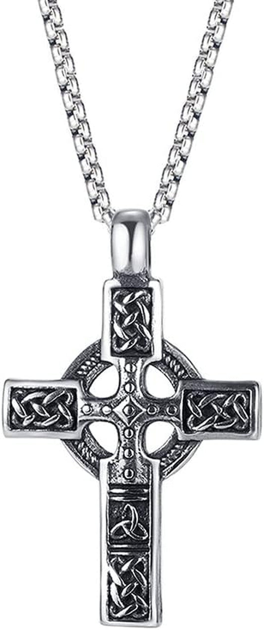 Trinity Celtic Cross Necklace - Stainless Steel Triquetra Knot Irish Pendant - Jesus Crucifix Cross