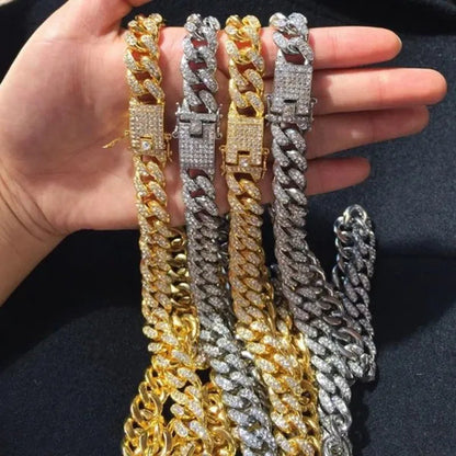 Cuban Link Chain Gold Silver Plated Bling Miami Cuban Necklace Diamond Chain for Fashion Men Iced Out Hip Hop Jewelry 1Pcs