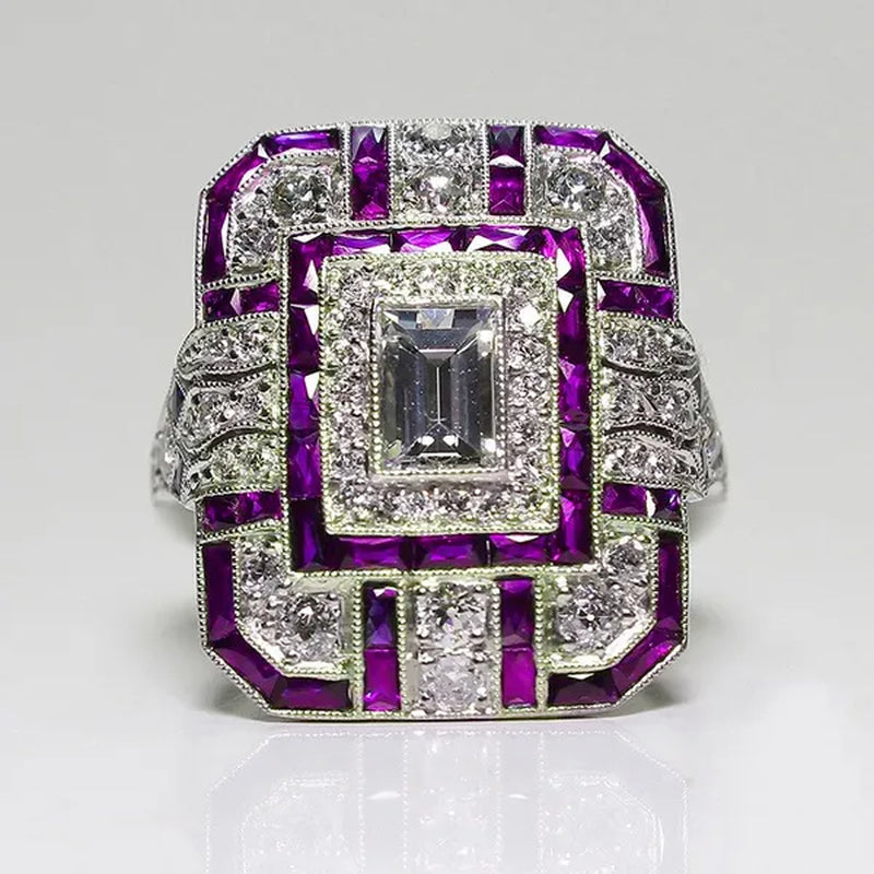 Antique Art Deco 925 Sterling Silver Red Ruby & Diamond Ring
