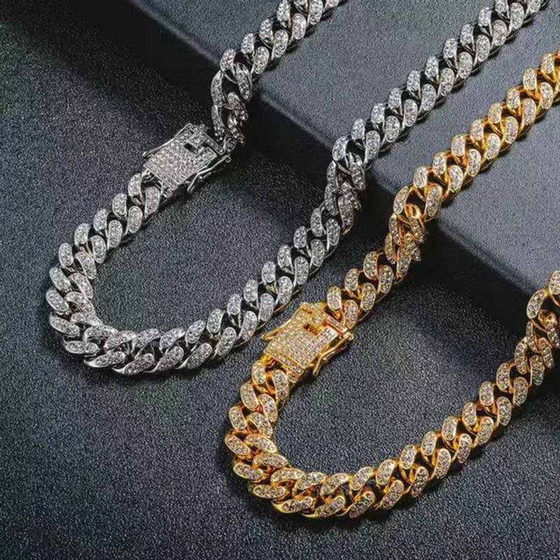 Cuban Link Chain Gold Silver Plated Bling Miami Cuban Necklace Diamond Chain for Fashion Men Iced Out Hip Hop Jewelry 1Pcs