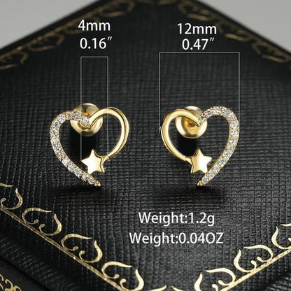 14K  Gold Love Heart Star White Zircon Stud Earrings for Women Wedding Engagement Bride Jewelry Gift