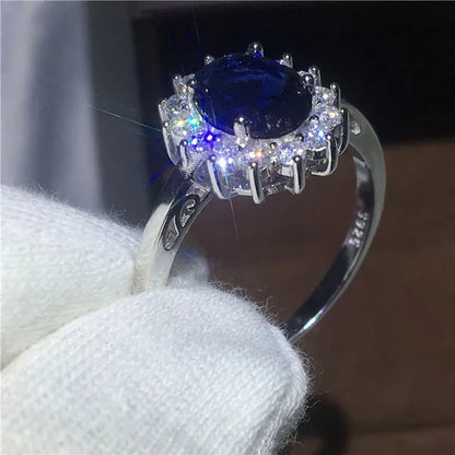 Royal Jewelry Princess Diana Soild Silver Color Ring Sapphire Cz Diamond Engagement Wedding Band Rings for Women Bridal Size 5-11 Bague Femme