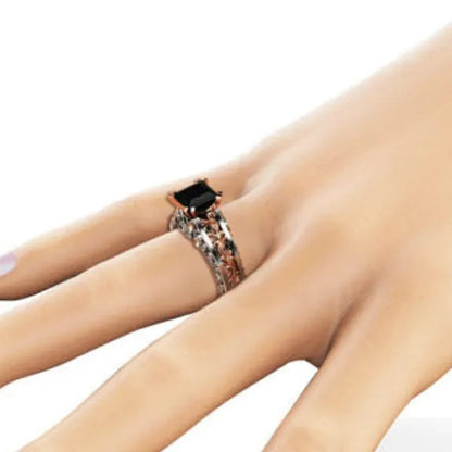 Princess Black  Stone Engagement Ring Rose 925 Sterling Silver Wedding Bridal Rings size 5-12