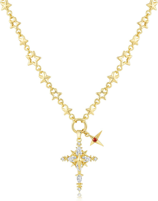Elegant Gold-Tone Cross Necklace for Women - Lightweight Religious Jewelry with a Classic Touch - Adjustable 66Cm Chain