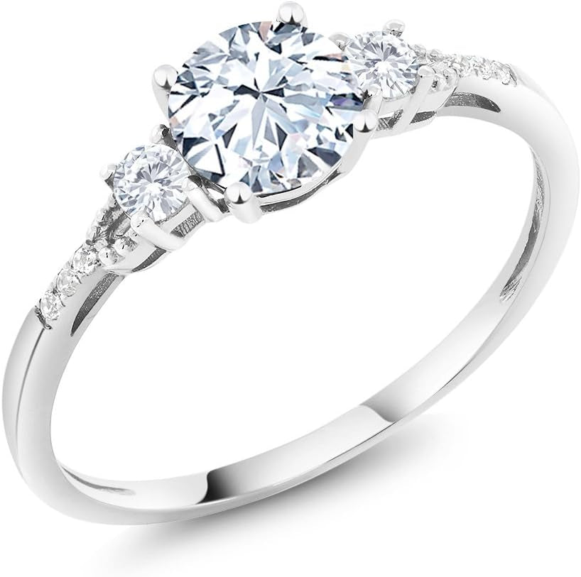10K White Gold White Created Sapphire and White Diamond Accent 3-Stone Engagement Ring for Women (1.35 Cttw, round 6MM, Gemstone September Birthstone)