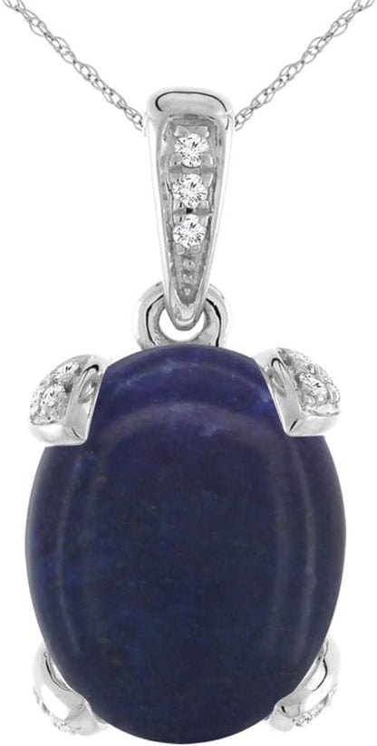 14K White Gold Natural Lapis Necklace Oval 10X8 Mm with Diamond Accents