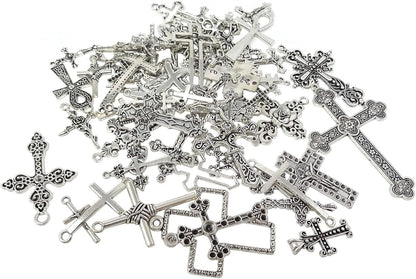 70PCS Metal Mixed Cross Charms Pendant Antique Silver Plated Jesus Christ Cross Jewelry Findings for DIY Necklace Earring Bracelet Keychain Craft Making (70 Styles)