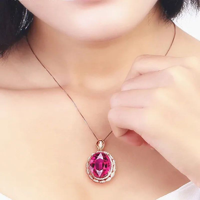 Rose Gold Big Oval Red Crystal Ruby Gemstones Diamonds Pendant Necklaces for Women Vintage Jewelry Choker Chain Bijoux Gifts