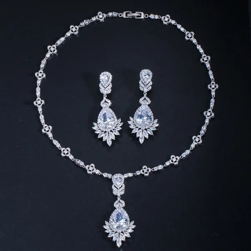 CANDICE White Gold Plated Marquise Cubic Zirconia Bridal Big Drop Earrings Necklace Set For Women Gorgeous Engagement Wedding Jewelry Sets