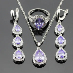 Water Drop Purple Amethyst White Topaz Zircon 925 Silver Wedding Jewelry Sets Necklace Pendant Long Earrings Rings For Women