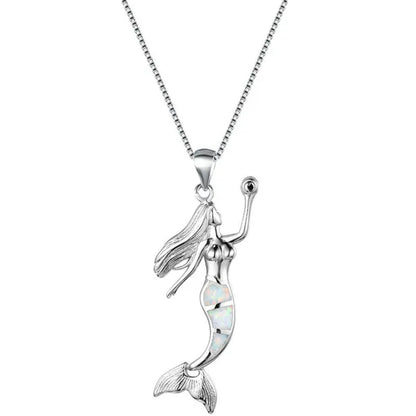 Heat! New Fashion Mermaid Fire Opal 925 Silver Pendant Necklace Bridal Personality Glamour Wedding Jewelry  5 colors