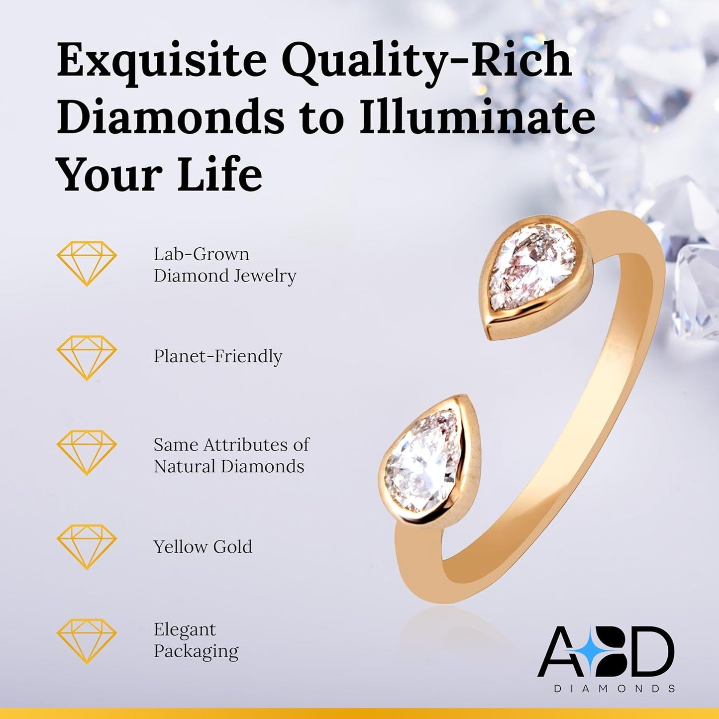 10KT Yellow Gold Double Pear Lab-Grown Diamond Ring for Women, Fine Diamond Jewelry, Engagement, Gifts for Her, H,I Color, VS Clarity, 0.5 Carats