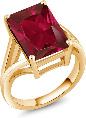 18K Yellow Gold Plated Silver Emerald Cut Created Ruby Solitaire Ring for Women (8.00 Cttw Available in Size 5, 6, 7, 8, 9)