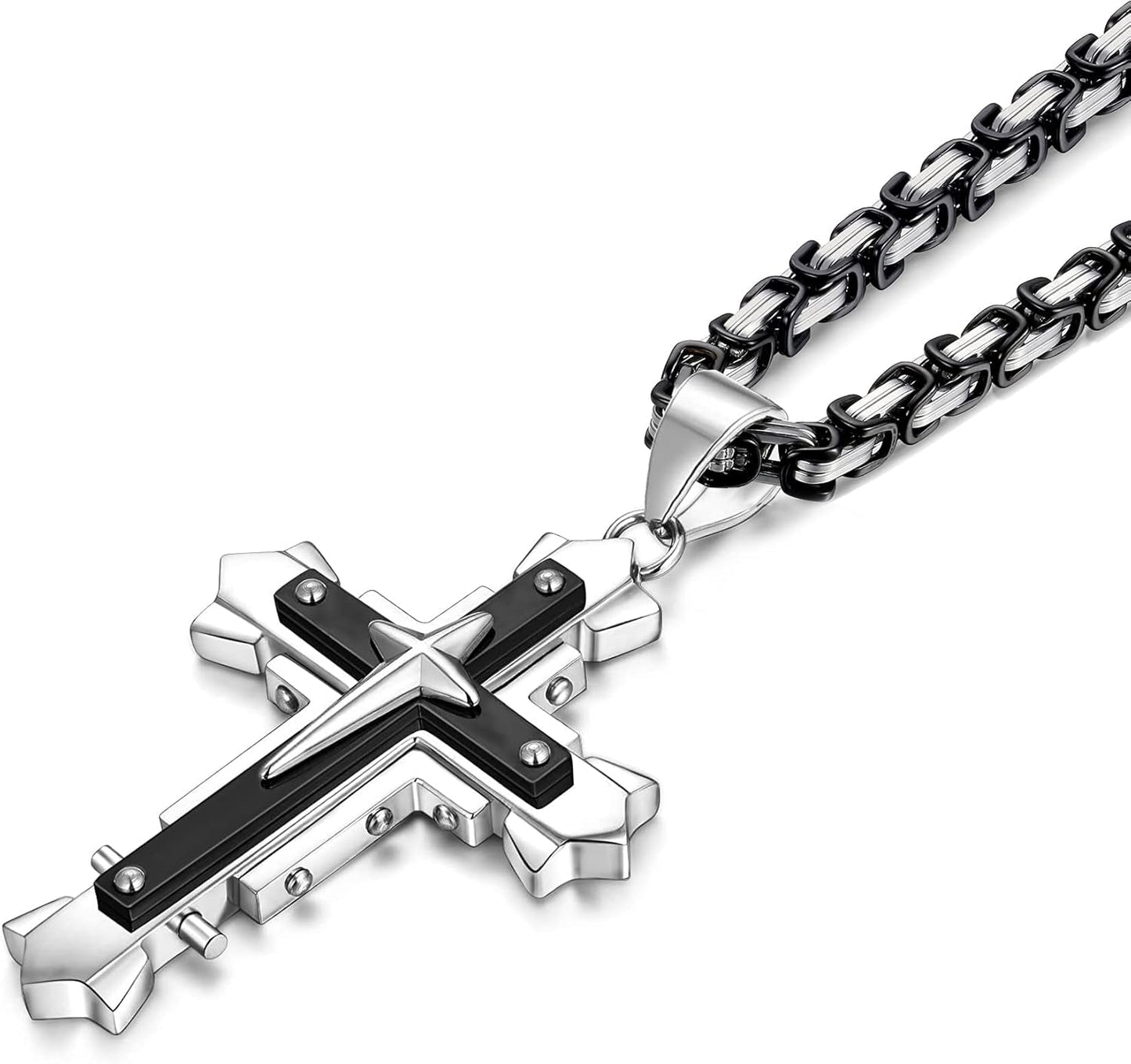 Stainless Steel Large Jesus Christ Cross Pendant Necklace Religious Jewelry for Men,On 24 in Rolo/Byzantine Chain,Silver/Gold/Black