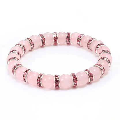 Natural Stone Pink Crystal Quartz &White Porcelain Rhinestones Bracelets & Bangles Charm Powder Beads Strand Bracelet Love Gifts for Women Men Casual Jewelry