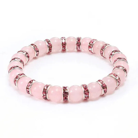 Natural Stone Pink Crystal Quartz &White Porcelain Rhinestones Bracelets & Bangles Charm Powder Beads Strand Bracelet Love Gifts for Women Men Casual Jewelry