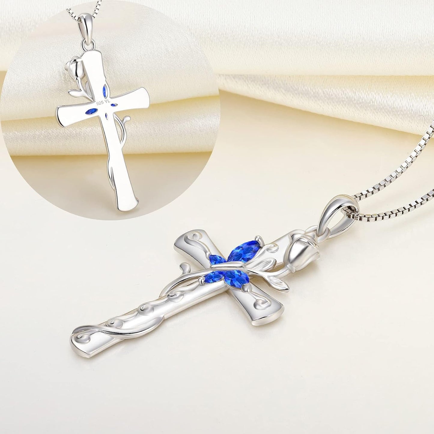 Butterfly Cross Necklace Sterling Silver Cubic Zirconia Rose Pendant Birthstones Crucifix Jewelry for Women
