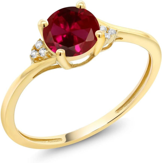 10K Yellow Gold Red Created Ruby and Diamond Accent Engagement Ring for Women (1.05 Cttw, round 6MM, Available in Size 5, 6, 7, 8, 9)