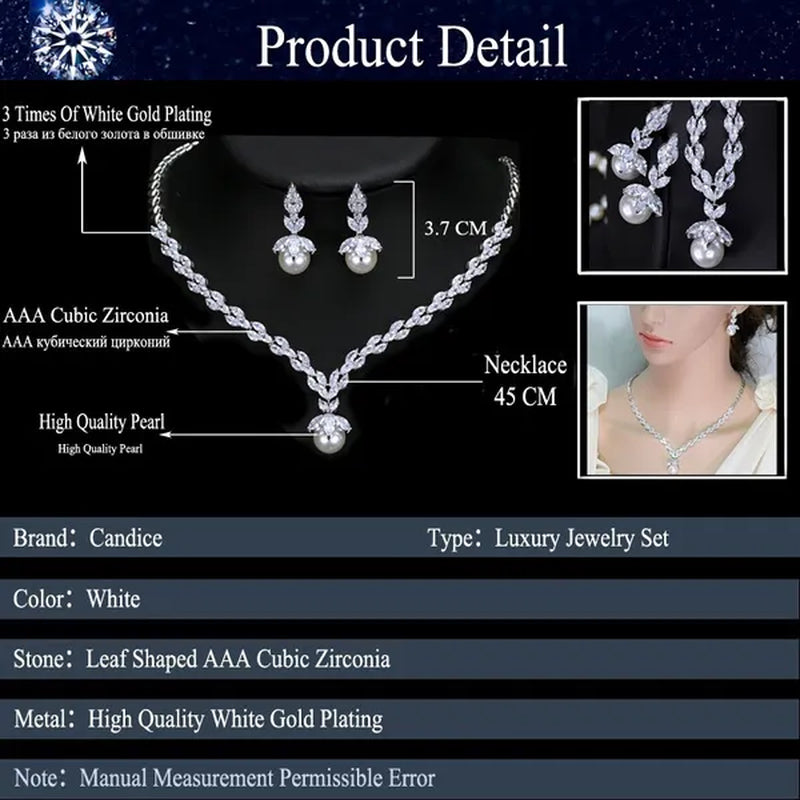 CANDICE Elegant Bridal Accessories AAA Cubic Zirconia with round White Pearl Pendant Necklace Earrings Wedding Jewelry Sets for Women
