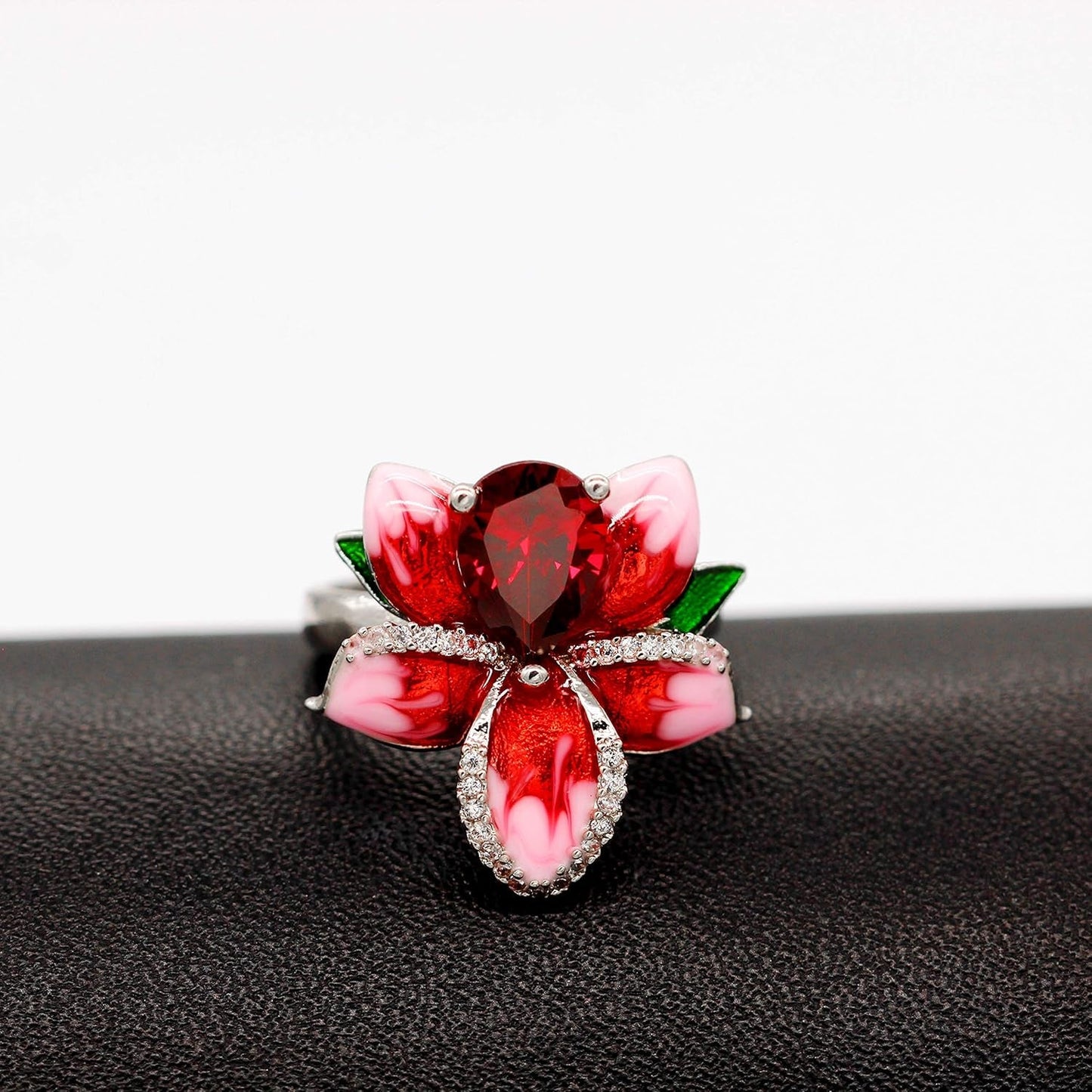 Beautiful Red Enamel Rose Ring for Women Blossom Flower Rings with Pear Cut Cubic Zirconia Cocktail Summer Ring RA627