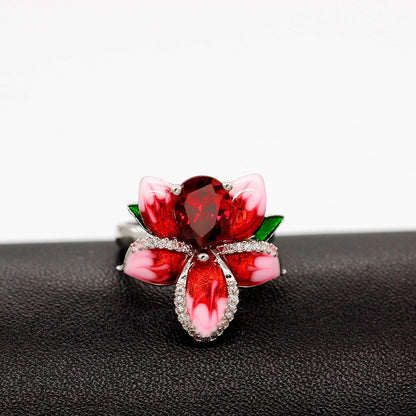 Beautiful Red Enamel Rose Ring for Women Blossom Flower Rings with Pear Cut Cubic Zirconia Cocktail Summer Ring RA627