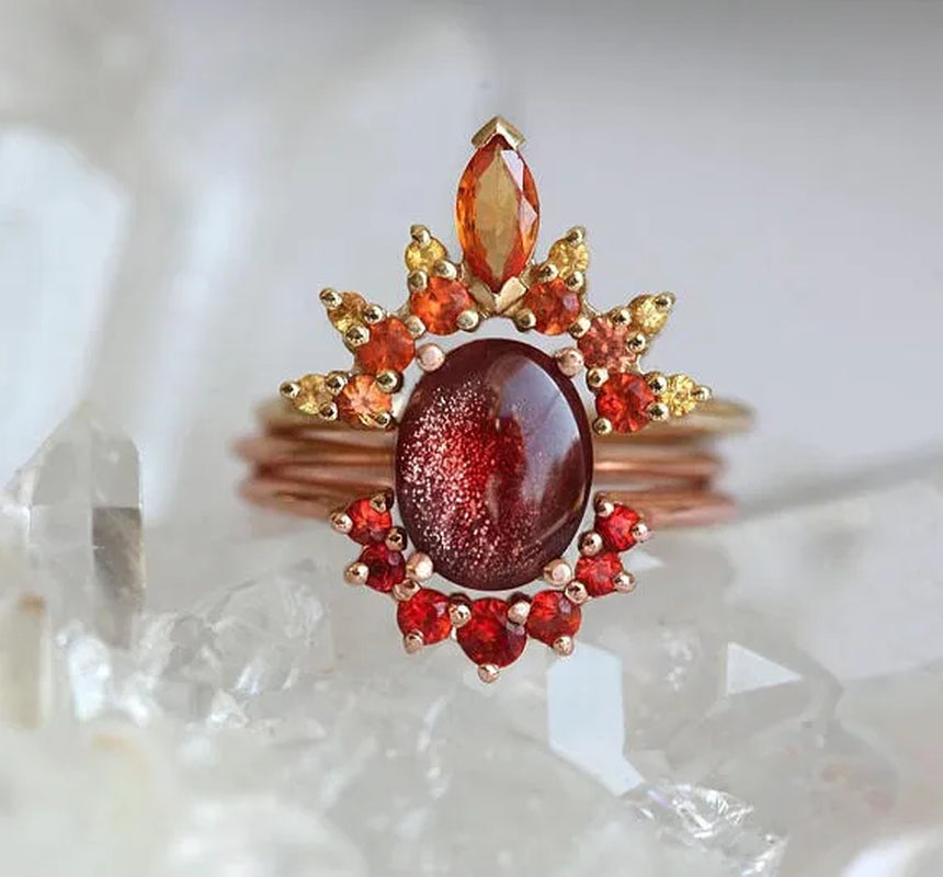 Bohemia Creative Rose Gold Stack with Diamond Gem Three-piece Ring for Women Ruby Crystal Ring Set Jewelry Gifts