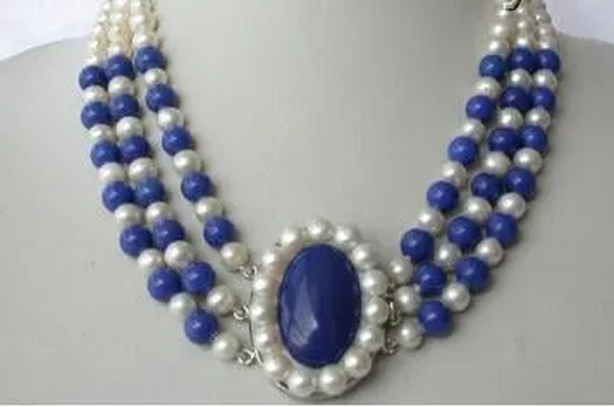 Freshwater Pearl White round &Lapis Lazuli Necklace