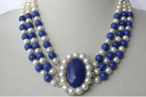Freshwater Pearl White round &Lapis Lazuli Necklace