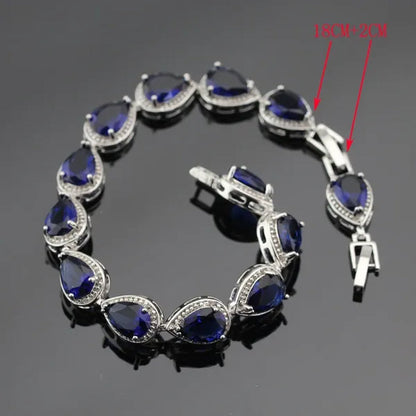 Blue Zircon With White Topaz Crystal Water Drop Shaped Silver Jewelry Sets Necklace Pendant Earring Ring Bracelet For Women