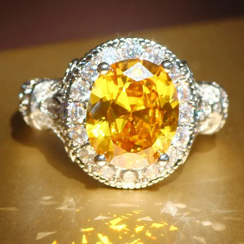 Luxurious  Silver Natural Gemstones Yellow Diamond Topaz Wedding Birthstone Bride Flower Engagement Ellipse Ring Jewelry Size 678910