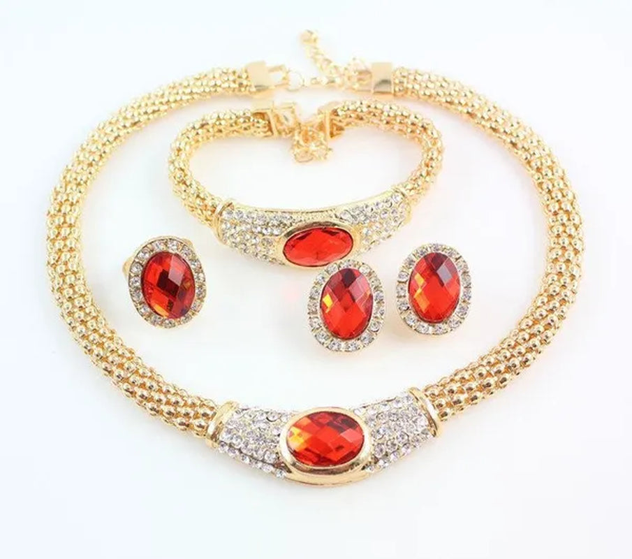 Women Gold Plated Crystal Gem Necklace Wedding Party Jewelry Sets 4 Colors