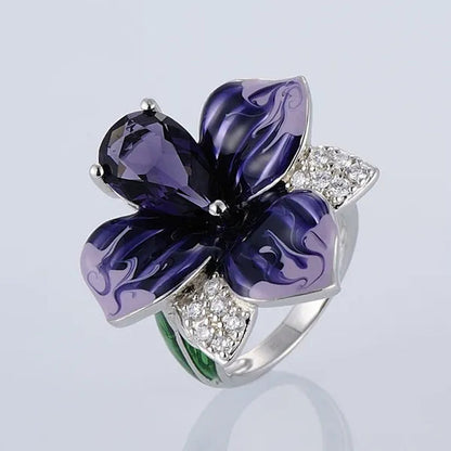 New Fashion Butterfly Flower Ring Jewelry Women 9Natural Gemstone Amethyst  Ring Anniversary Christmas Gift Bridal Engagement Wedding Ring Size US5-11