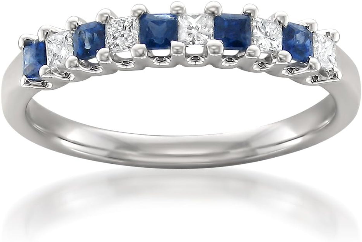 Prong-Set 1/2 CT Princess Cut Natural Diamond & Blue Sapphire Wedding Band (H-I, I1-I2) in 14K White Gold | Fine Jewelry for Women Girls | Gift Box Included