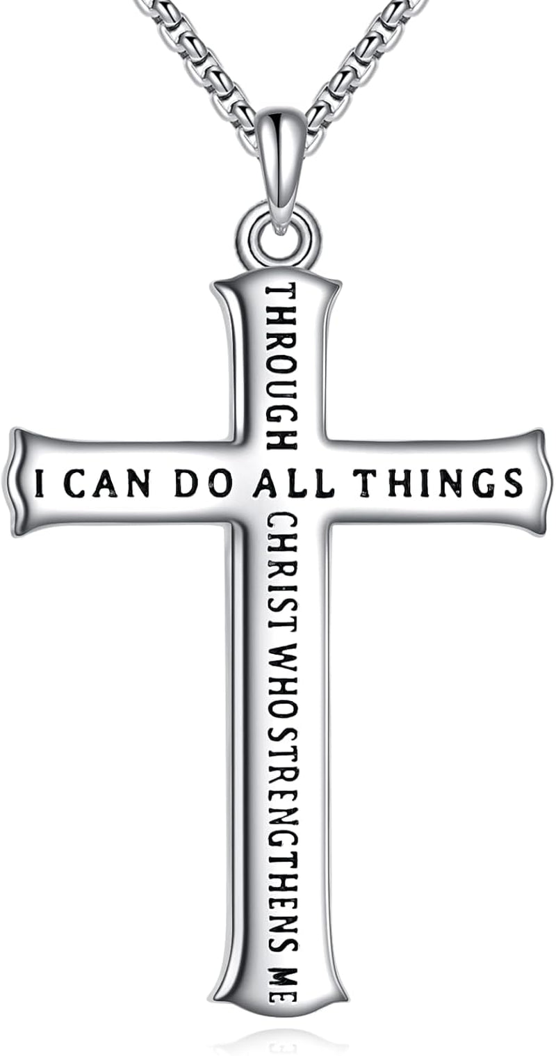 Men'S Cross Necklace Sterling Silver Catholic Faith Cross Pendant Necklace Christian Jewelry Gifts for Men