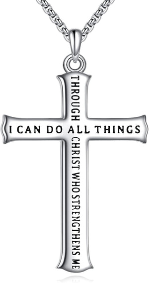 Men'S Cross Necklace Sterling Silver Catholic Faith Cross Pendant Necklace Christian Jewelry Gifts for Men