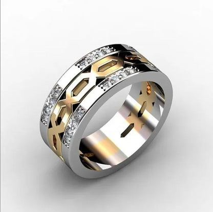 Luxury Men Fashion Inlaid Zircon Two-Tone Men'S Ring Personality Geometry Ring Birthday Party Engagement Wedding Ring Lover Anniversary Jewelry Gift Size 6-13