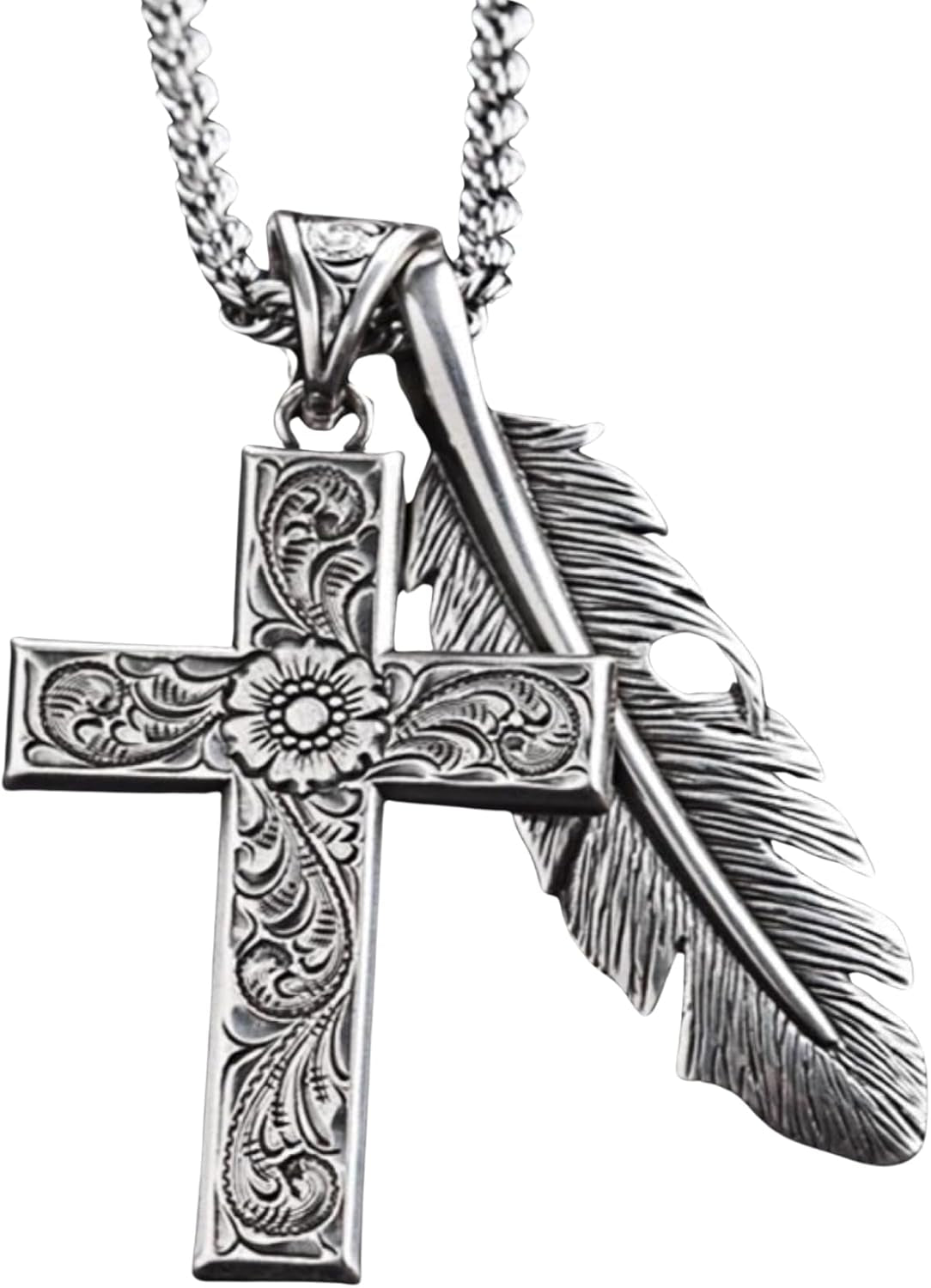 Twister Cross & Feather Necklace, Silver, 24” Chain