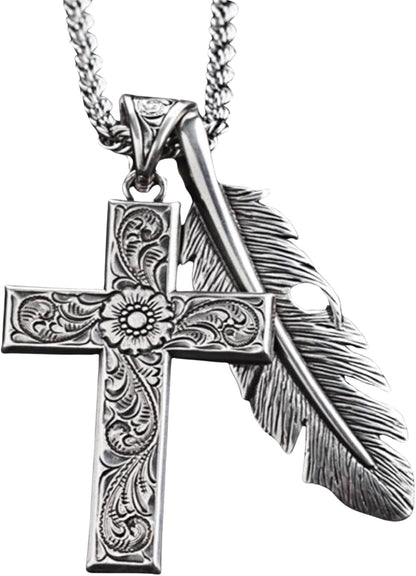Twister Cross & Feather Necklace, Silver, 24” Chain