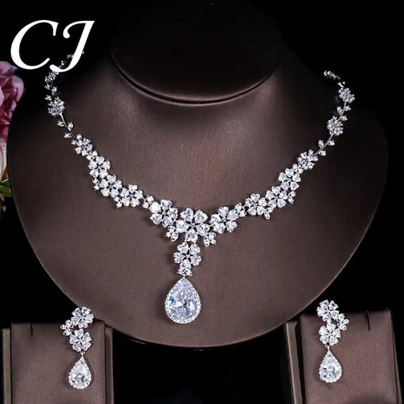 CANDICE High Quality Platinum Plating Wedding Party Costume Luxury CZ Stone Jewelry Flower Pendant Earrings Necklace Bridal Sets With Tear Drop Zirconia