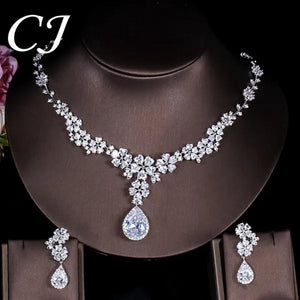 CANDICE High Quality Platinum Plating Wedding Party Costume Luxury CZ Stone Jewelry Flower Pendant Earrings Necklace Bridal Sets With Tear Drop Zirconia