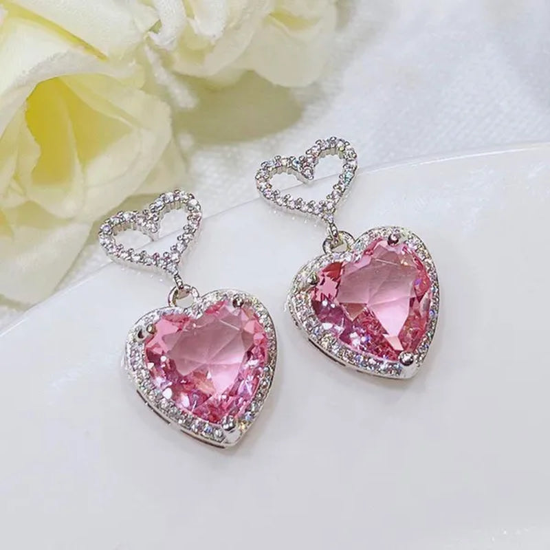 Trendy Pink Sapphire Pendant 925 Sterling Silver Heart Earrings for Women Bridal Romantic Wedding Earrings Jewelry Gift