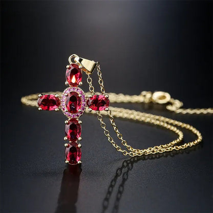 Fashion Jewelry Luxurious Temperament Gold-Plated Sapphire Emerald Ruby Topaz Amethyst Cross Pendant Necklace